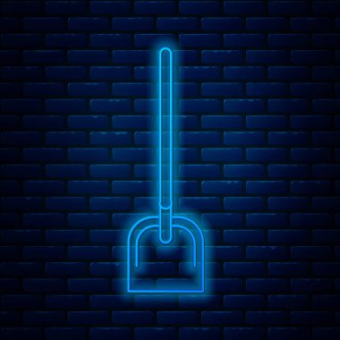 Parlayan neon çizgili kürek ikonu tuğla duvar arkasında izole edilmiş. Bahçe aletleri. Bahçecilik, tarım, çiftçilik aleti. Vektör İllüstrasyonu