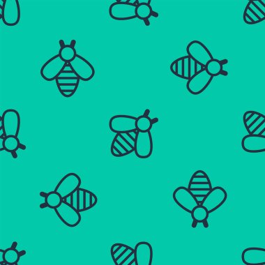 Mavi çizgi Arı simgesi yeşil arka planda kusursuz desen izole etti. Tatlı doğal yemek. Bal arısı ya da kanat sembollü apis. Uçan böcek. Vektör İllüstrasyonu