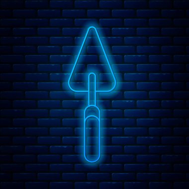 Parlayan neon hattı bahçe küreği ya da tuğla duvar arkasında izole edilmiş kürek ikonu. Bahçe aletleri. Bahçecilik, tarım, çiftçilik aleti. Vektör İllüstrasyonu