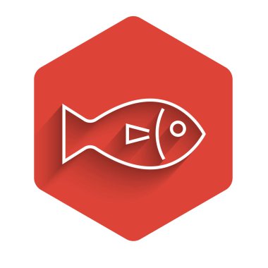 Beyaz çizgi Balık simgesi uzun gölgeli izole edilmiş. Kırmızı altıgen düğmesi. Vektör İllüstrasyonu