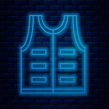 Parlak neon çizgili avcı ceketi simgesi tuğla duvar arkasında izole edilmiş. Av yeleği. Vektör İllüstrasyonu