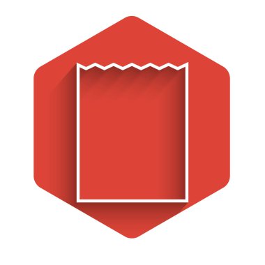 Beyaz çizgi kâğıt poşet ikonu uzun gölgeli izole edilmiş. Paket işareti. Kırmızı altıgen düğmesi. Vektör İllüstrasyonu