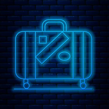 Parlayan neon hattı seyahat çantası ve tuğla duvar arka planında izole edilmiş çıkartma ikonu. Seyahat bagaj tabelası. Seyahat bagaj ikonu. Vektör İllüstrasyonu