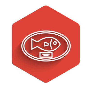 White line Fish trophy hanging on the board icon isolated with long shadow. Fishing trophy on wall. Red hexagon button. Vector Illustration