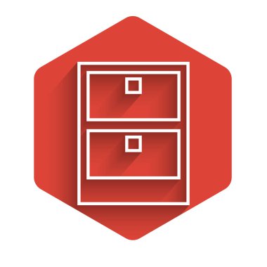 Beyaz çizgi Arşiv kağıt çekmece simgesi uzun gölgeli izole. İçinde belgeler olan çekmece. Dosya dolabı çekmecesi. Ofis mobilyası. Kırmızı altıgen düğmesi. Vektör İllüstrasyonu