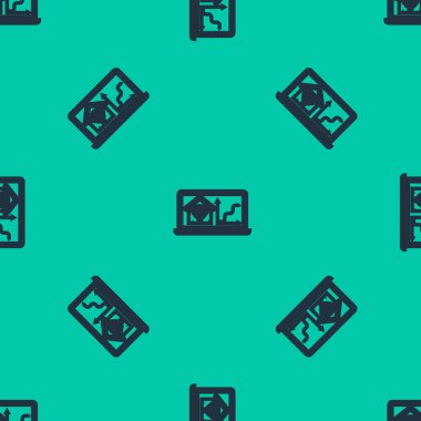 Mavi çizgi dizüstü bilgisayar, akıllı ev ve kablosuz ağ ikonu yeşil arka planda izole edilmiş. Uzaktan kumanda. Vektör İllüstrasyonu