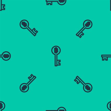 Mavi çizgi Kripto Para Birimi Bitcoin anahtar simgesi yeşil arkaplandaki kusursuz deseni izole etti. Siber güvenlik kavramı ya da teknolojik arayüzü olan dijital anahtar. Vektör İllüstrasyonu