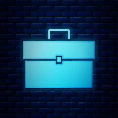 Parlayan neon çanta simgesi tuğla duvar arkasında izole edildi. İş ilanı. İş portföyü. Vektör İllüstrasyonu