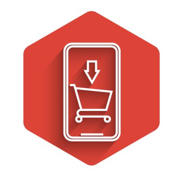 Beyaz çizgi cep telefonu ve alışveriş arabası ikonu uzun gölgeli. İnternetten satın alma sembolü. Süpermarket sepeti sembolü. Kırmızı altıgen düğmesi. Vektör İllüstrasyonu