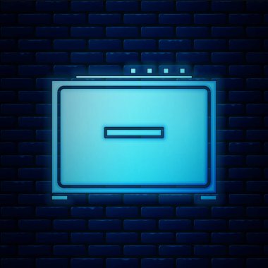 Parlayan neon gitar amplifikatörü simgesi tuğla duvar arka planında izole edildi. Müzik aleti. Vektör İllüstrasyonu