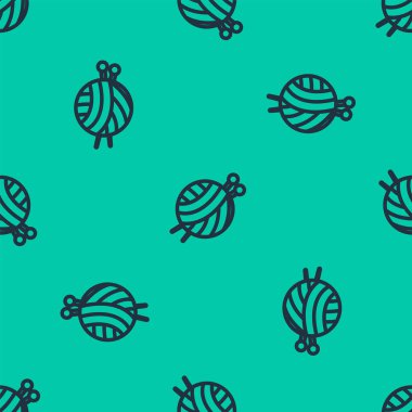 Mavi çizgili iplik yumağı örgü iğneleri ikonu yeşil arka planda izole edilmiş pürüzsüz desen. El yapımı, örgü ya da terzi için etiket. Vektör İllüstrasyonu