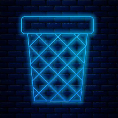 Parlayan neon hattı çöp kutusu simgesi tuğla duvar arka planında izole edildi. Çöp kutusu tabelası. Sepet simgesini geri dönüştür. Ofis çöpü ikonu. Vektör İllüstrasyonu
