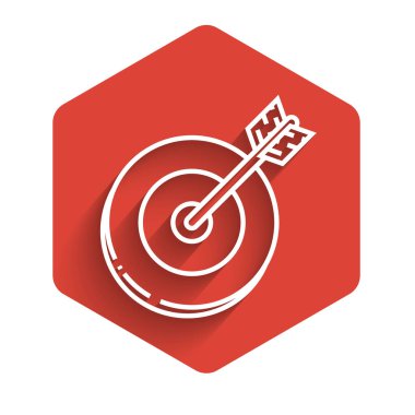 Beyaz çizgi hedef simgesi uzun gölgeli izole edildi. Yatırım hedef simgesi. Başarılı iş konsepti. Nakit ya da Para işareti. Kırmızı altıgen düğmesi. Vektör İllüstrasyonu