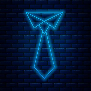 Parlayan neon hattı. Tuğla duvar arka planında bağ simgesi izole edildi. Boyunbağı ve boyun bezi sembolü. Vektör İllüstrasyonu