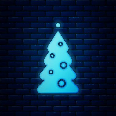 Duvarda izole edilmiş dekorasyon simgesiyle parlayan neon noel ağacı. Mutlu Noeller ve mutlu yıllar. Vektör İllüstrasyonu