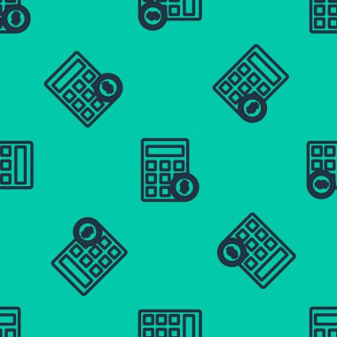 Dolar sembolü simgesi olan mavi çizgi hesap makinesi yeşil arka planda izole edilmiş kusursuz desen. Para tasarrufu konsepti. Muhasebe sembolü. Vektör İllüstrasyonu