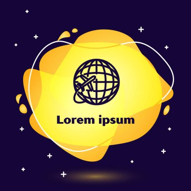 Uçan uçak ikonuna sahip siyah çizgi Globe koyu mavi arka planda izole edildi. Uçak Dünya 'nın etrafında uçuyor. Uçak dünyası ikonu. Sıvı şekilli soyut pankart. Vektör İllüstrasyonu