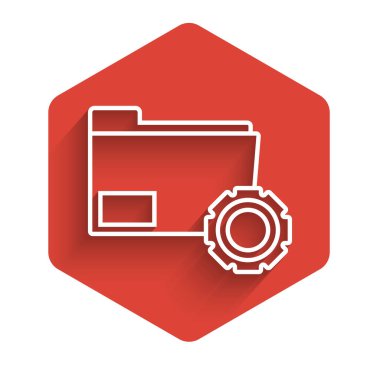 Uzun gölgeli, vites simgeli beyaz çizgi dizin ayarları. Yazılım güncellemesi, transfer protokolü, takım çalışması araç yönetimi, kopyalama süreci. Kırmızı altıgen düğmesi. Vektör İllüstrasyonu