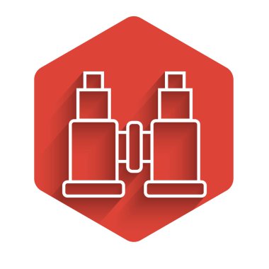 Uzun gölgeli beyaz çizgi dürbün simgesi. Yazılım işareti bul. Casus ekipman sembolü. Kırmızı altıgen düğmesi. Vektör İllüstrasyonu