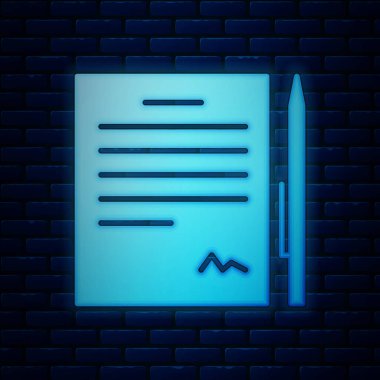 Duvarda izole edilmiş kalem simgesiyle parlayan neon sözleşmesi. Dosya simgesi. Kontrol listesi simgesi. İş konsepti. Vektör İllüstrasyonu