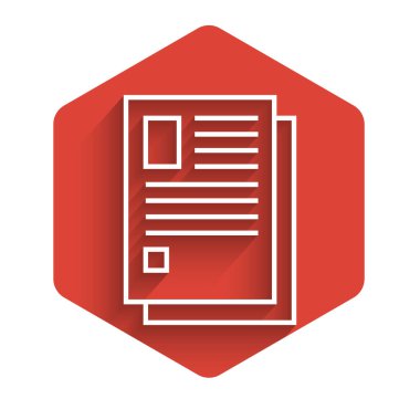 Beyaz çizgi Dosya simgesi uzun gölgeyle izole edildi. Kontrol listesi simgesi. İş konsepti. Kırmızı altıgen düğmesi. Vektör İllüstrasyonu