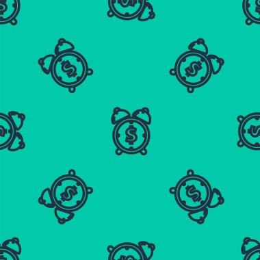 Dolar sembolü simgesi olan mavi çizgi alarm saati yeşil arka planda izole edilmiş pürüzsüz desen. Vakit nakittir. Etkili zaman yönetimi. İş konsepti. Vektör İllüstrasyonu