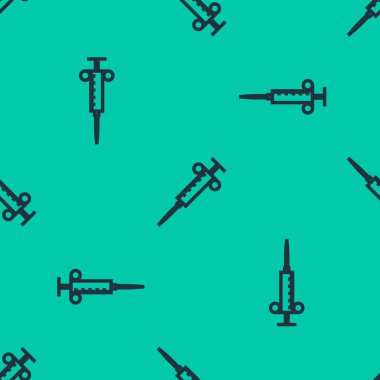 Mavi çizgi şırınga ikonu yeşil arkaplandaki kusursuz deseni izole etti. Aşı için şırınga, aşı, iğne, grip aşısı. Tıbbi ekipman. Vektör İllüstrasyonu