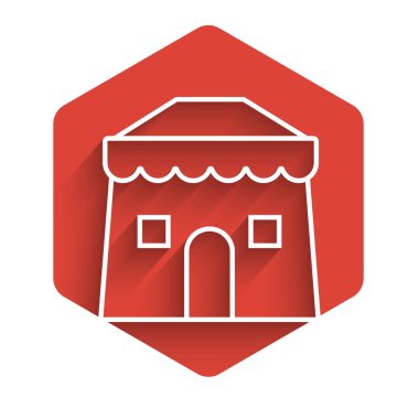 Beyaz çizgi sirk ikonu uzun gölgeli izole edilmiş. Karnaval kamp çadırı. Eğlence parkı. Kırmızı altıgen düğmesi. Vektör İllüstrasyonu