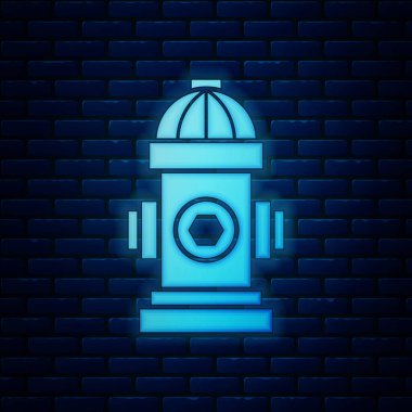 Parlayan neon yangın musluğu simgesi tuğla duvar arkasında izole edilmiş. Vektör İllüstrasyonu