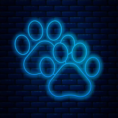 Parlayan neon çizgisi Paw baskı simgesi tuğla duvar arka planında izole edildi. Köpek ya da kedi pençesi izi. Hayvan izleri. Vektör İllüstrasyonu