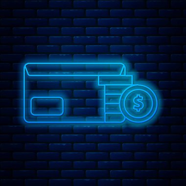 Parlayan neon hattı zarfı. Duvarda izole edilmiş madeni para sembolü simgesi var. Maaş zammı, maaş bordrosu, tazminat geliri. Vektör İllüstrasyonu