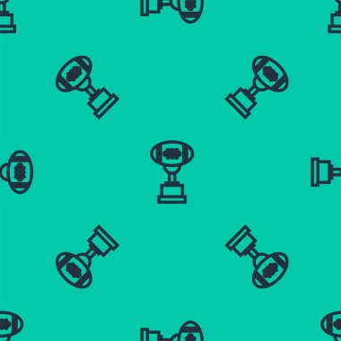 Mavi çizgi ödül kupası ve Amerikan futbol topu ikonu yeşil arka planda izole edilmiş kusursuz desen. Galibiyet ödülü sembolü. Şampiyonluk ya da yarışma kupası. Vektör İllüstrasyonu