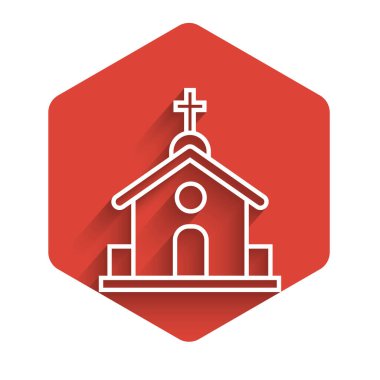 Beyaz çizgi kilise ikonu uzun gölgeli izole edilmiş. Hıristiyan Kilisesi. Kilisenin dini. Kırmızı altıgen düğmesi. Vektör İllüstrasyonu