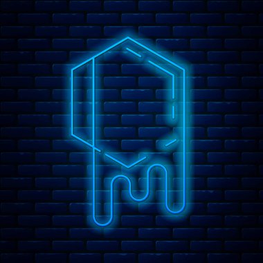 Parlayan neon hattı bal peteği simgesi tuğla duvar arka planında izole edildi. Bal hücrelerinin sembolü. Tatlı doğal yemek. Vektör İllüstrasyonu