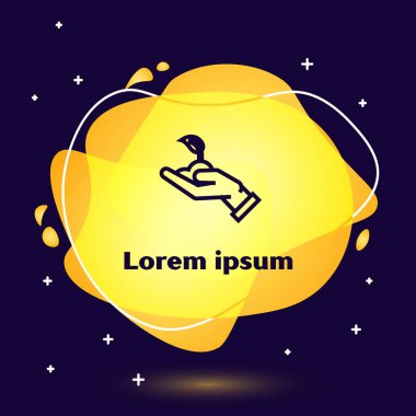 Koyu mavi arka planda çevresel koruma ikonu elinde siyah çizgi filizi. Tohum ve tohum. Fidan dikiyorum. Ekoloji konsepti. Sıvı şekilli soyut pankart. Vektör İllüstrasyonu
