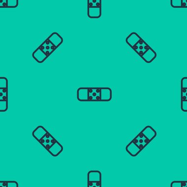 Mavi çizgi bandaj simgesi yeşil arka planda izole edilmiş kusursuz desen. Tıbbi alçı, yapıştırıcı bandaj, esnek kumaş bandajı. Vektör İllüstrasyonu