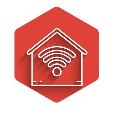 Beyaz çizgi akıllı ev kablosuz ağ ikonu uzun gölgeli. Uzaktan kumanda. Kırmızı altıgen düğmesi. Vektör İllüstrasyonu