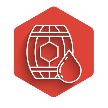 Beyaz çizgi ahşap fıçı, uzun gölgeli bal ikonlu. Kırmızı altıgen düğmesi. Vektör İllüstrasyonu