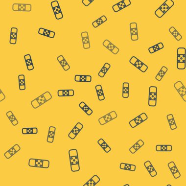 Mavi çizgi bandaj simgesi sarı arka planda izole edilmiş pürüzsüz desen. Tıbbi alçı, yapıştırıcı bandaj, esnek kumaş bandajı. Vektör İllüstrasyonu