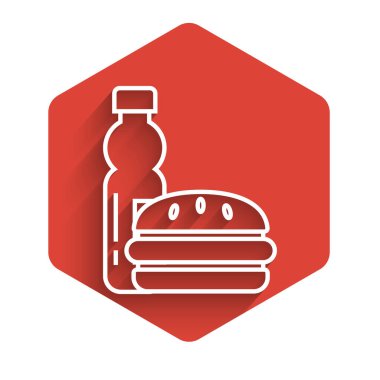 Beyaz çizgili bir şişe su ve uzun gölgeli hamburger ikonu. Soda su içme tabelası. Hamburger, çizburger sandviçi. Fast food menüsü. Kırmızı altıgen düğmesi. Vektör İllüstrasyonu