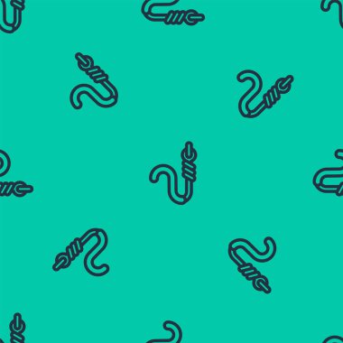 Mavi çizgili olta ve solucan ikonu yeşil arka planda izole edilmiş pürüzsüz desen. Balık oltası. Vektör İllüstrasyonu