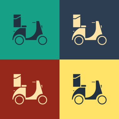 Renkli Scooter dağıtım simgesi renk arkaplanında izole edildi. Teslimat hizmeti konsepti. Klasik tarzda çizim. Vektör İllüstrasyonu