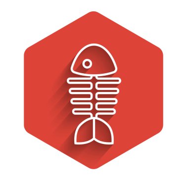 Beyaz çizgi Balık iskeleti ikonu uzun gölgeli izole edilmiş. Balık kemiği işareti. Kırmızı altıgen düğmesi. Vektör İllüstrasyonu