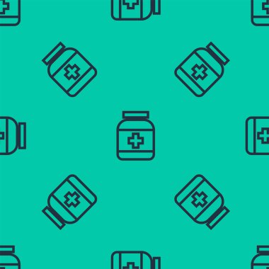 Mavi çizgi ilaç şişesi ikonu yeşil arka planda izole edilmiş pürüzsüz desen. Şişe hapı işareti. Eczane tasarımı. Vektör İllüstrasyonu