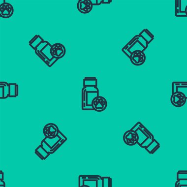 Mavi çizgi köpek ilacı ikonu yeşil arka planda kusursuz desen izole etti. İçinde haplar olan konteynır. Hayvan için reçeteli ilaç. Vektör İllüstrasyonu