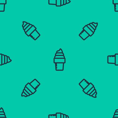 Mavi çizgi dondurma ve waffle konisi ikonu yeşil arka planda izole edilmiş pürüzsüz desen. Güzel sembol. Vektör İllüstrasyonu