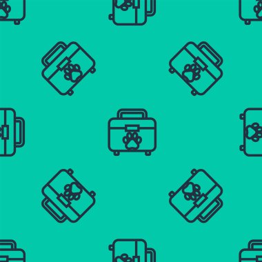 Mavi çizgi evcil hayvan ilk yardım seti simgesi yeşil arka planda izole edilmiş pürüzsüz desen. Köpek ya da kedi pençesi izi. Klinik kutusu. Vektör İllüstrasyonu