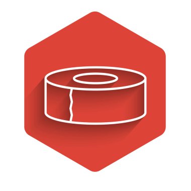 Uzun gölgeli beyaz çizgi viski ikonu. İş ve onarım için bir rulo yapışkan bant. Yapışkan koli bandı. Ofis aletleri falan. Kırmızı altıgen düğmesi. Vektör İllüstrasyonu