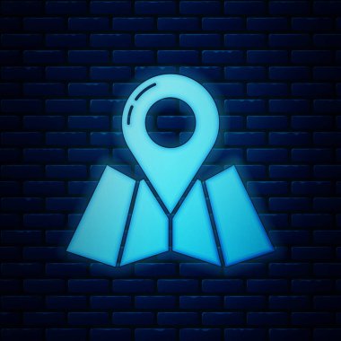Parlayan neon kaplı harita, tuğla duvar arka planında izole edilmiş konum belirleyici simgesi. Vektör İllüstrasyonu