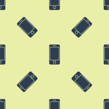 Blue Mobile smart phone with app delivery tracking icon isolated seamless pattern on yellow background. Parcel tracking. Vector Illustration